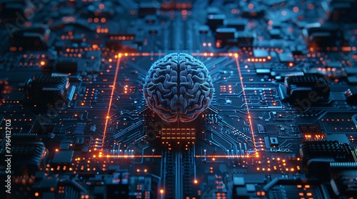 Cybernetic brain housed within center of futuristic circuit board with glowing features