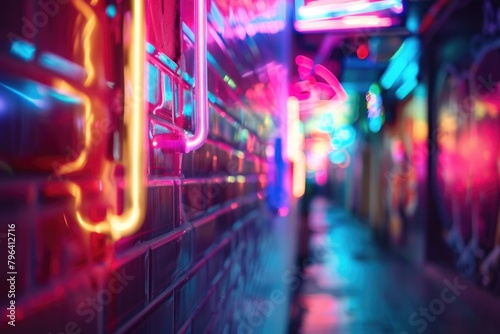 A long narrow alley with vibrant neon signs. Suitable for urban backgrounds photo