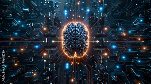 Cybernetic brain's neural center emits soft glow at center of futuristic circuit board photo