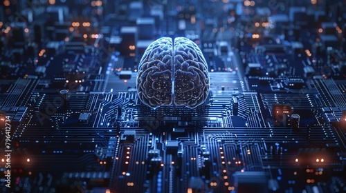 Cybernetic brain's neural network emits glow at center of futuristic circuit board photo