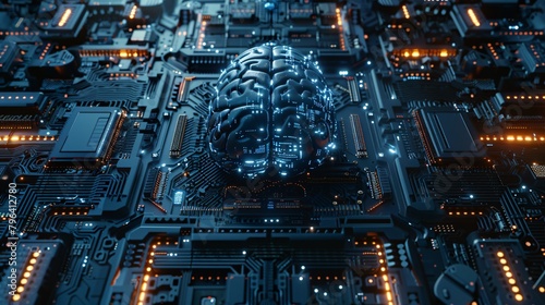 Futuristic circuit board design highlights glowing cybernetic brain and neural network at its center
