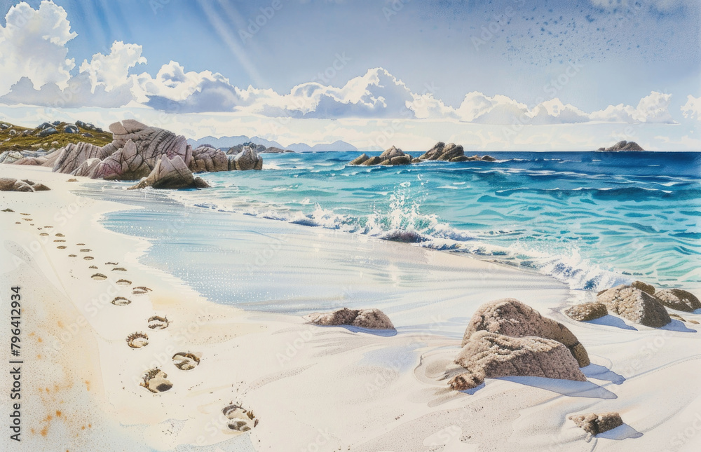 A painting featuring a sandy beach with distinct footprints visible. The scene captures the essence of a serene shoreline, emphasizing the simplicity of human presence in nature