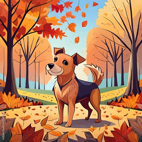 가을 낙엽이 가득한 공원, 낙엽이 가득한 땅 위에 서 있는 Terrier Dogs 한 마리, 만화 같은