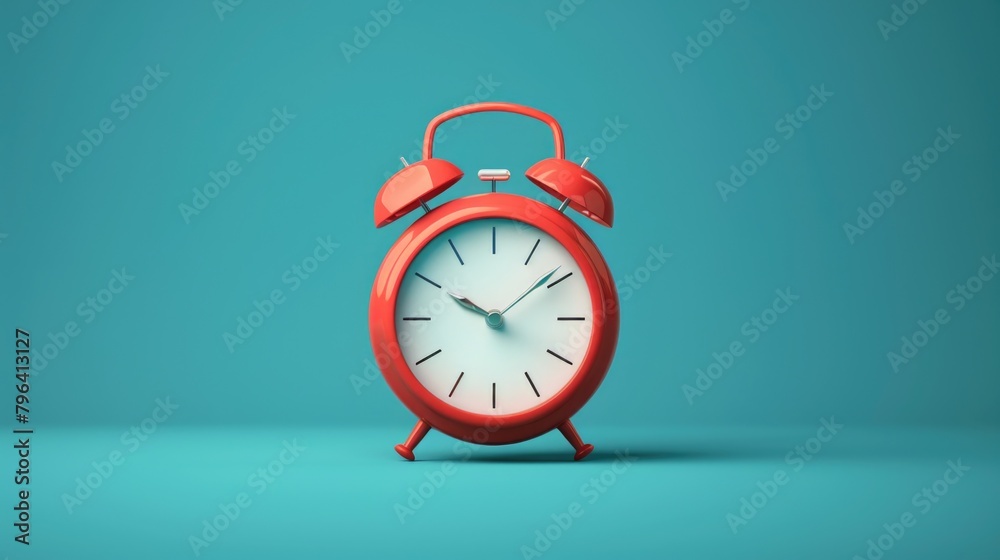 A red alarm clock sitting on a blue surface, suitable for time management concepts A red alarm clock sitting on a blue surface, suitable for time management concepts