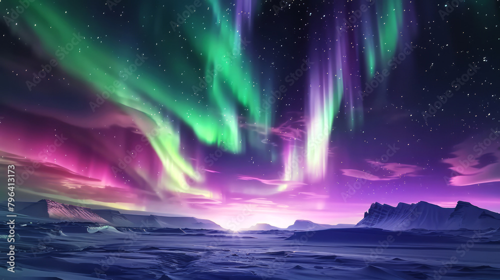 Spectral Skies: Aurora Over Icy Plains