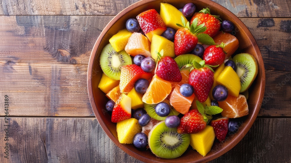 Bowl of healthy fresh fruit salad on wooden background. Top view. Bowl of healthy fresh fruit salad on wooden background. Top view.