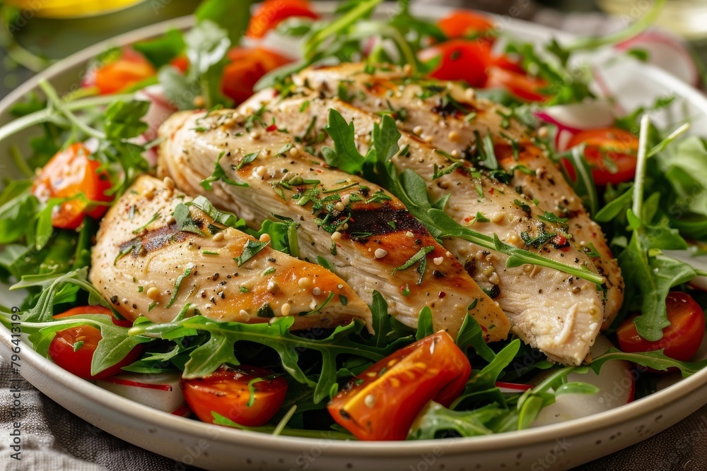 Grilled chicken breast served with fresh garden vegetables for a delectable meal