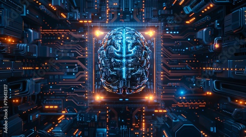 Glowing cybernetic brain with integrated neural system at center of futuristic circuit board photo
