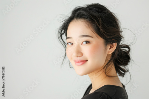 Beautiful studio portrait of young, stylish asian woman, long hair, smiling and looking at camera with confidence on white background © myboys.me