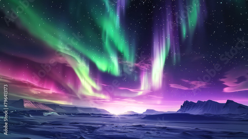 Spectral Skies: Aurora Over Icy Plains" Description: "The aurora borealis paints the night sky with strokes of emerald and lavender above a serene icy landscape, illuminated by a tranquil twilight.