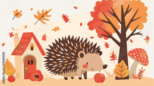 Cute hedgehog with autumn background with tree 