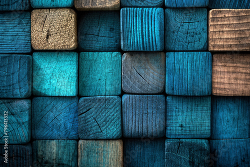 Fondo azul viejo y sucio de madera textura de pared de madera.
Cubos de madera oscura de fondo. Vista frontal. Espacio de copia libre. photo