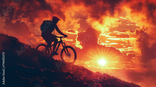 Fiery Sunset Mountain Biking. Silhouette of a mountain biker against a dramatic fiery sunset, traversing rugged terrain with determination