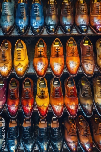 A vibrant display of various shoes in a shoe store. Ideal for shoe advertisements