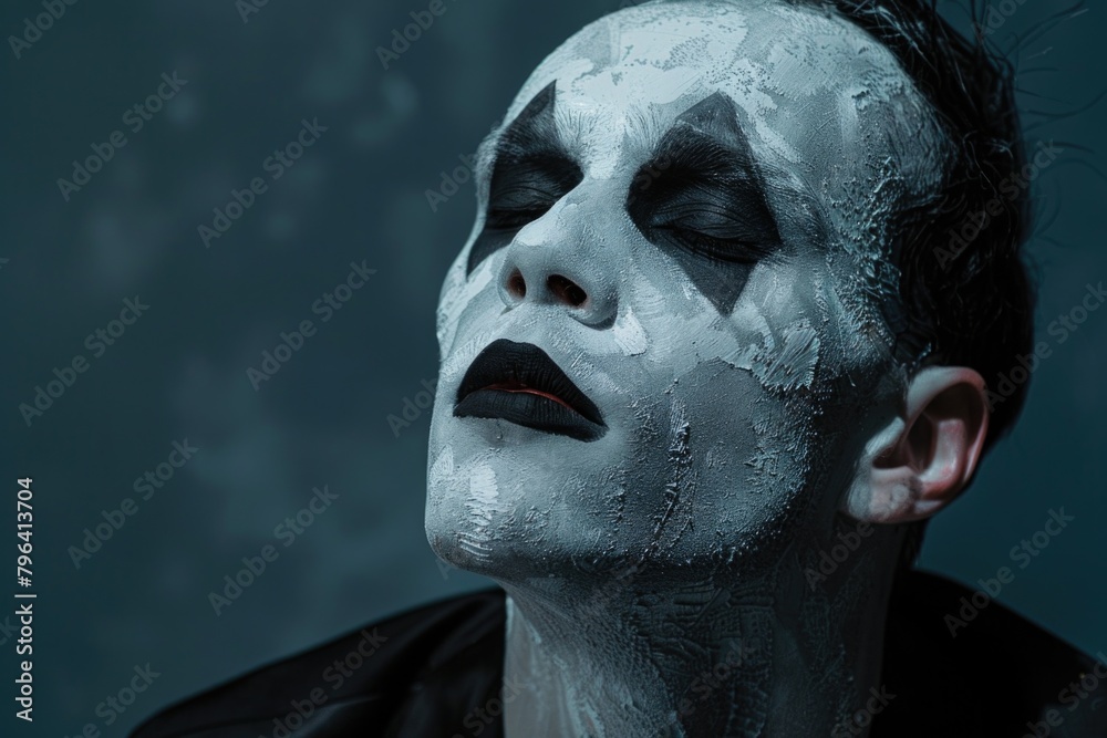 Close up of a person with white paint on their face, suitable for Halloween or theater use Close up of a person with white paint on their face, suitable for Halloween or theater use