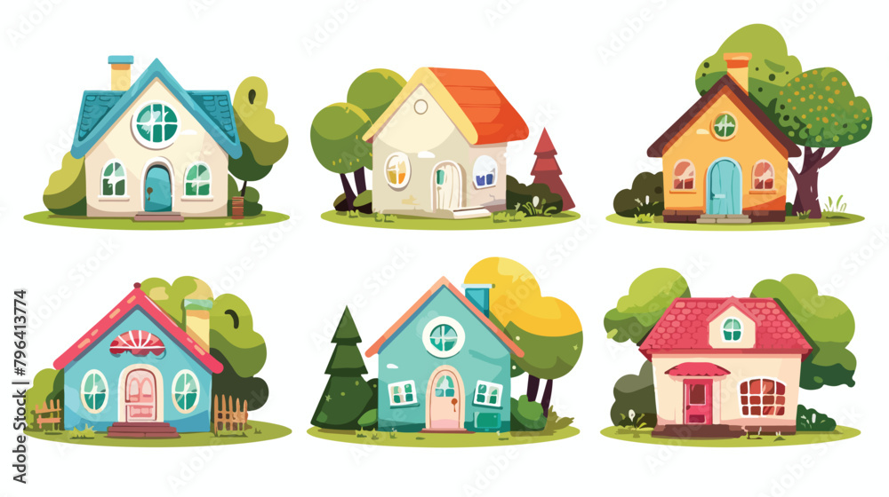 Cute houses with garden set of 4 houses. Vector illustration
