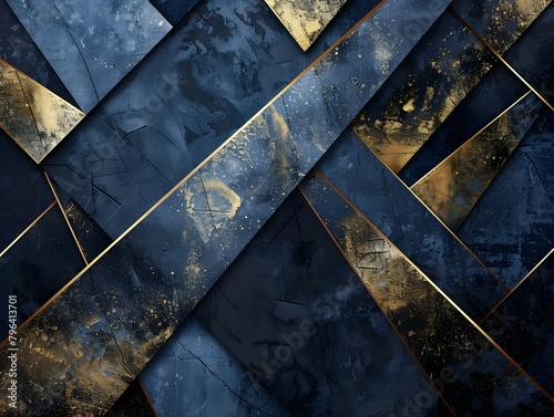 Abstract dark blue, black and gold linear shapes luxury backdrop © Valentin
