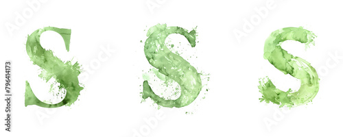 Ai Generated Art Watercolor Set of Multiple Different Pastel Sage Green Capital S Letters On a White Background
