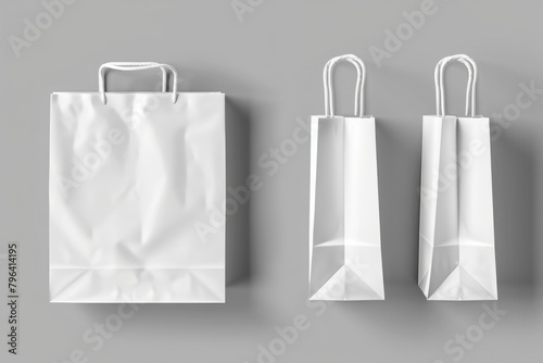 Three white paper bags on a plain gray background. Suitable for packaging and retail concepts