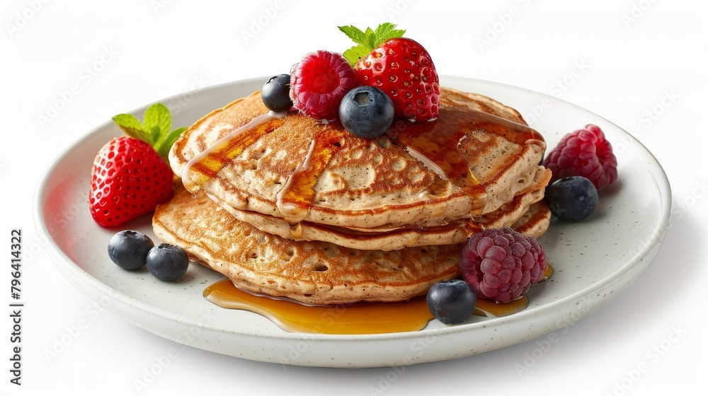 Health-focused image of oat pancakes, beautifully served with pure maple syrup and a colorful topping of fresh berries, isolated background, studio lit Health-focused image of oat pancakes, beautifully served with pure maple syrup and a colorful topping of fresh berries, isolated background, studio lit