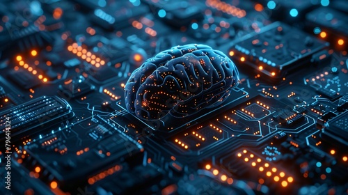 Cybernetic brain with a glowing neural core is the central feature of the futuristic circuit board photo