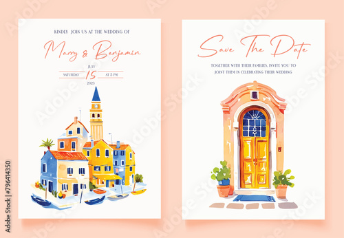Wedding invitation of nature Italian landscape with wooden door view watercolor