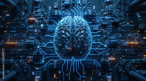 Futuristic circuit board design highlights the glowing cybernetic brain and its integrated neural network