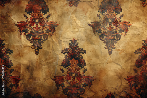 A vintage damask pattern with a distressed, weathered look, set against an aged background. Created with Ai