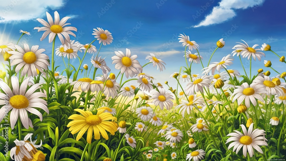 Daisy flower, field, background, spring and summer natural landscape with blooming field of daisies