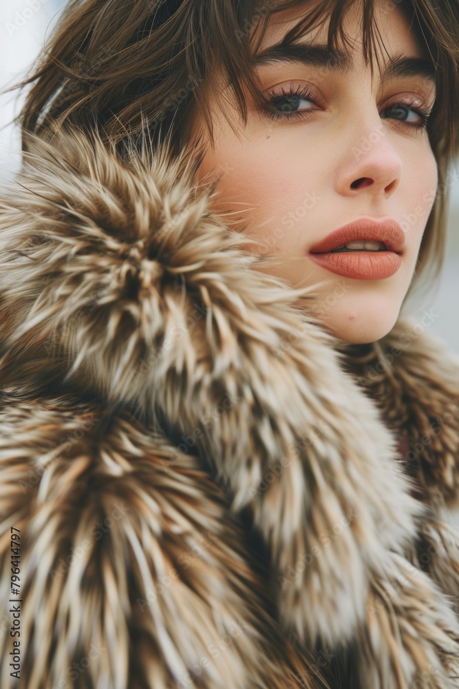 A fashionable woman wearing a fur coat and red lipstick. Perfect for beauty and fashion concepts A fashionable woman wearing a fur coat and red lipstick. Perfect for beauty and fashion concepts