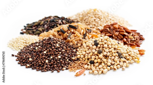Health-focused image featuring a mix of whole grains including quinoa  brown rice  oats  and barley  highlighting their vitamin richness  isolated backdrop  studio lit
