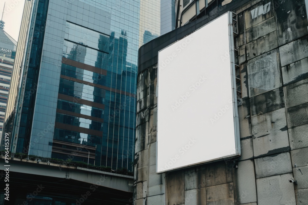 A blank white billboard at street wall, with tall buildings in background. A blank white billboard at street wall, with tall buildings in background.