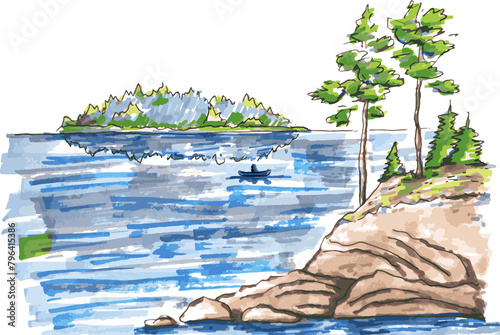 Rocky lake shore with pines. North landscape. Hand drawing sketch with markers. photo