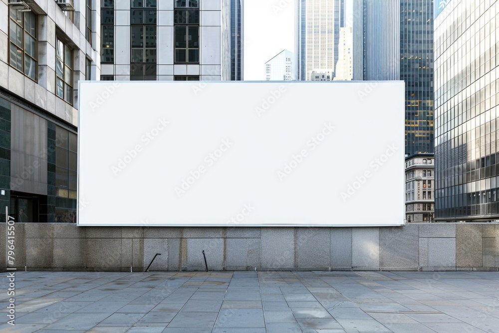 A blank white billboard at street wall, with tall buildings in background. A blank white billboard at street wall, with tall buildings in background.