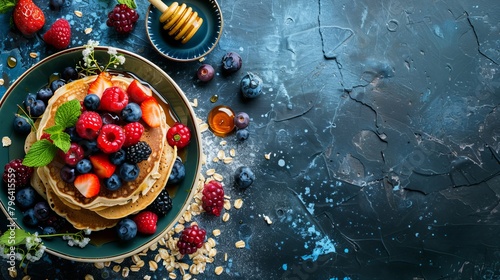 Gourmet top view of hearty pancakes made with oats, served with fresh berries and a hint of honey, health-focused, on an isolated background photo