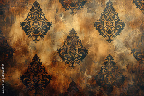 An antique damask pattern with rich, deep tones and distressed textures for an old-world charm. Created with Ai