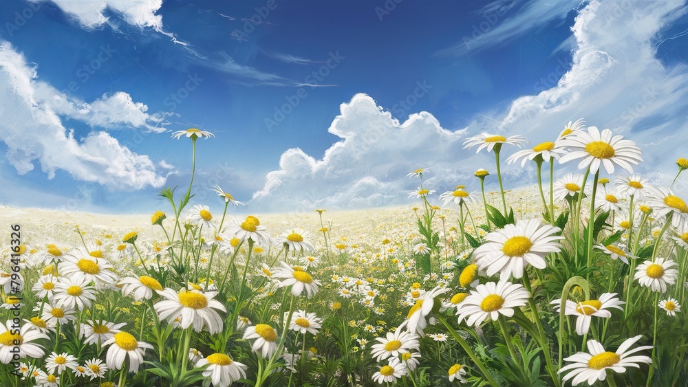 Daisy flower, field, background, spring and summer natural landscape with blooming field of daisies