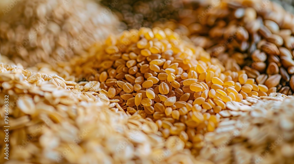 Obraz premium Detailed close-up of fiber-rich whole grains, including bulgur and oats, arranged to showcase their health benefits, ideal for nutritional advertising, isolated background