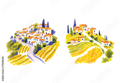 Romantic rural landscape in sunny day in Italy with vineyards, farms, meadows, fields and trees in the background. Watercolor