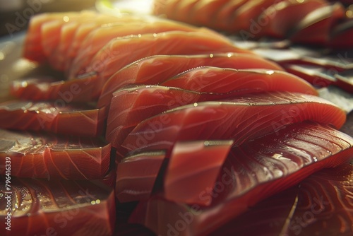 Freshly sliced salmon on a cutting board, perfect for food blogs photo