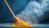 A broom with yellow powder on a blue background. Suitable for cleaning product advertisements