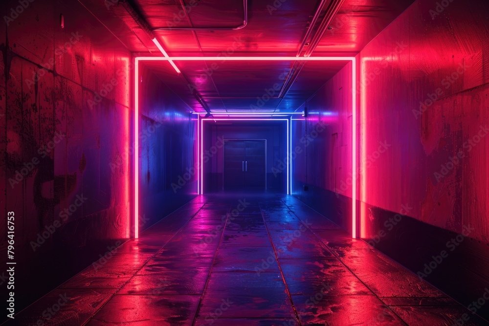 A mysterious long hallway illuminated by red and blue lights. Perfect for suspenseful or futuristic themes
