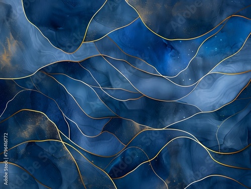 Blue navy , deep blue , and gold , abstract linera shapes backdrop photo