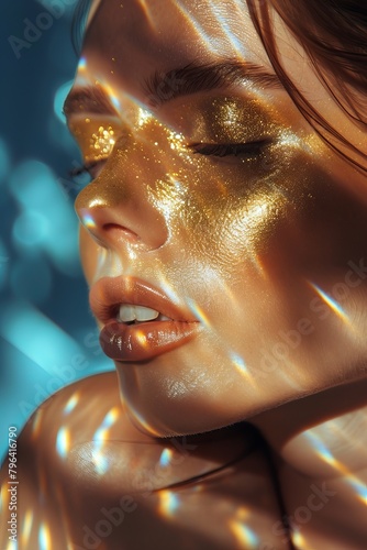 beautiful woman with gold colour bacground mixed with blue, shadows from Sun rays, soft atmosphere, bold elegant make up, realistic portrait photo 