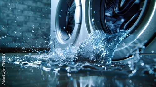 Close up of a washing machine with water leakage. Suitable for appliance repair services advertisement