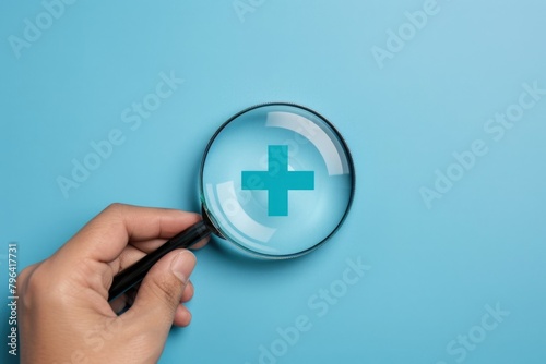 A magnifying glass over a medical cross for helth care and medical concept.