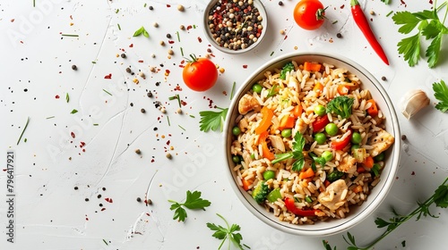 Delicious and healthy top view of fried rice made with brown rice, colorful vegetables, and chicken, cooked in minimal olive oil, perfect for a balanced diet, isolated backdrop