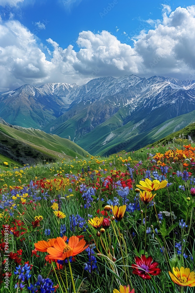 Bright colors, nature, vast grasslands, colorful flower seas, red, yellow, blue, and other colors of flowers, mountain slopes, blue sky and white clouds, snowy mountains in the background, 