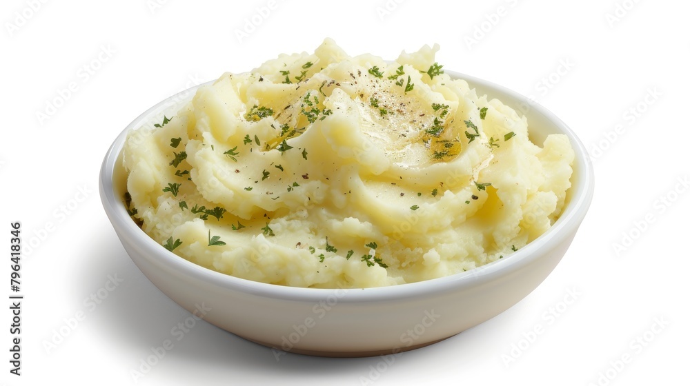 Delicious and healthy Mashed Potatoes with Gravy, using low-fat ingredients and minimal fat, elegantly presented from above, isolated background