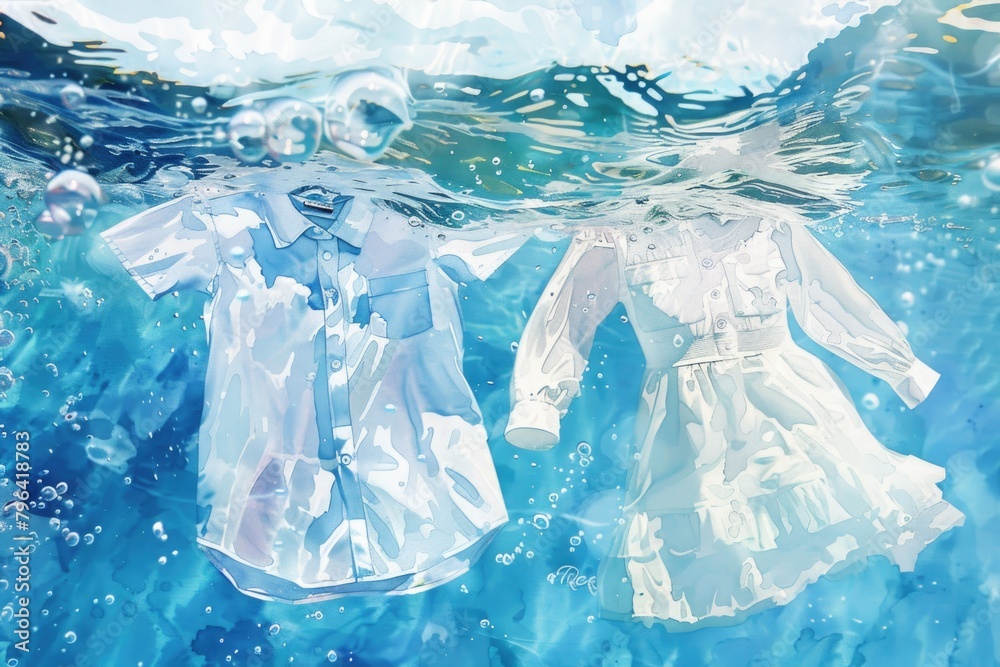 Clothing items floating in water, suitable for fashion or laundry concepts